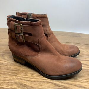 Sorel Lolla Brown Leather Ankle Booties Womens Size 9 40 Burro Buffalo Buckle